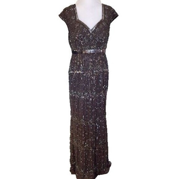 MAC DUGGAL 9089 CAP SLEEVE SWEETHEART NECKLINE BEADED CHARCOAL BROWN GOWN  sz 2‎ - Picture 5 of 10